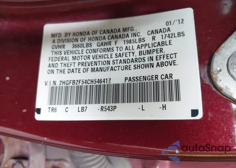 2012 Honda Civic Lx from USA, damaged, VIN 2HGFB2F54CH546417